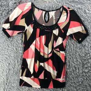 Heart Soul Blouse Womens Medium Geometric Keyhole Back Braided Accent Neckline